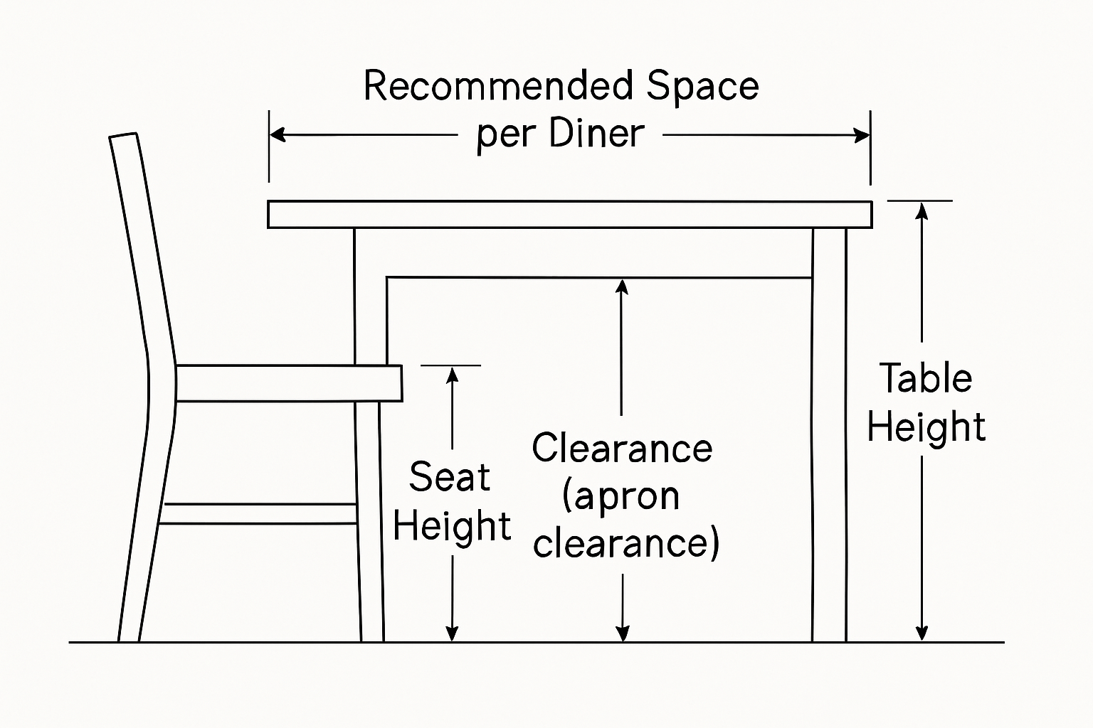 A diagram illustrating the ideal height and spacing measurements between a dining chair and table