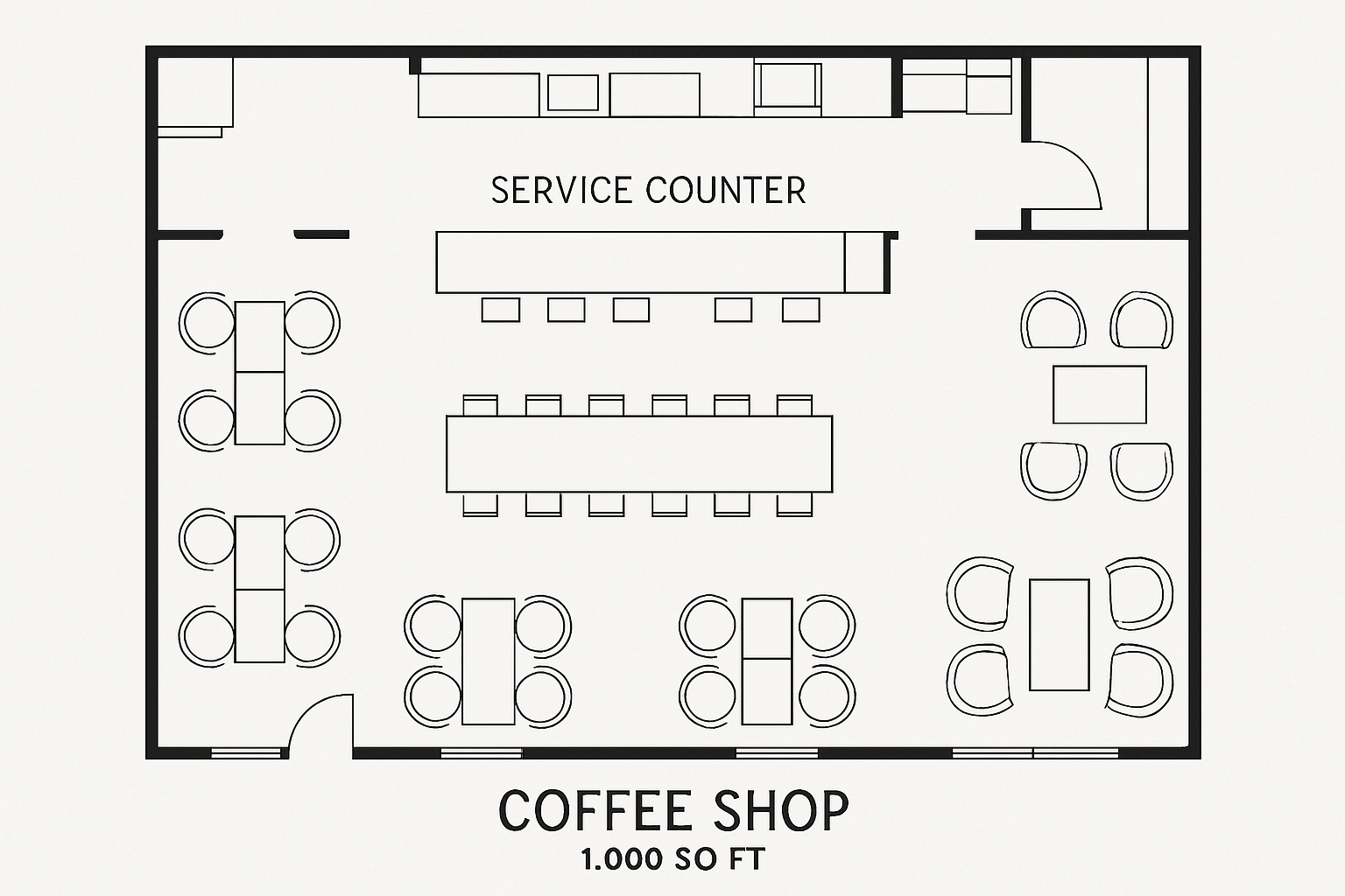 a floor plan of a 1000 sq ft coffee shop showing seating layout and service counter