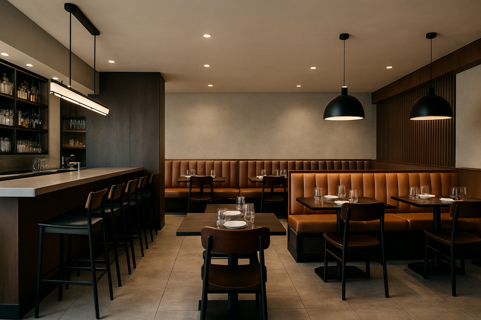 a restaurant showing a cohesive design across its bar, booth, and table areas using different but related furniture