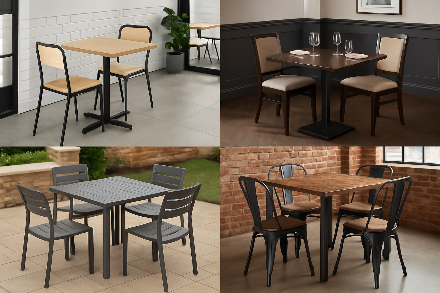 a collage of different commercial restaurant table and chair sets in various settings