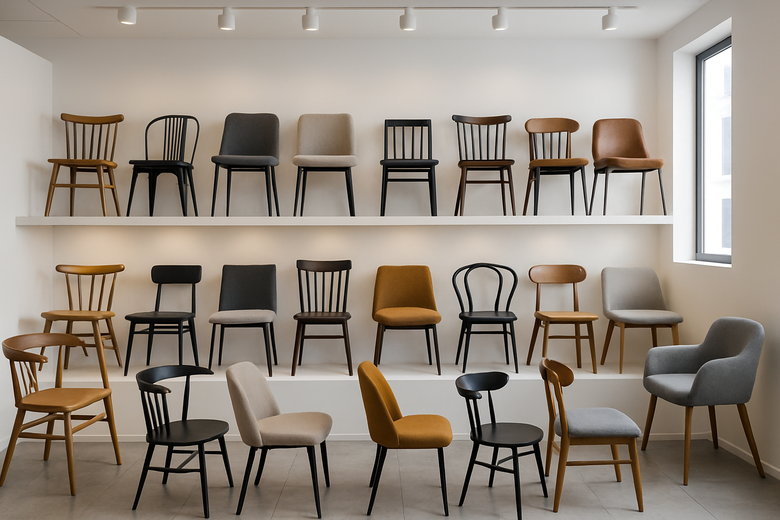 A showroom displaying various types of commercial dining chairs including wood, metal, and upholstered styles