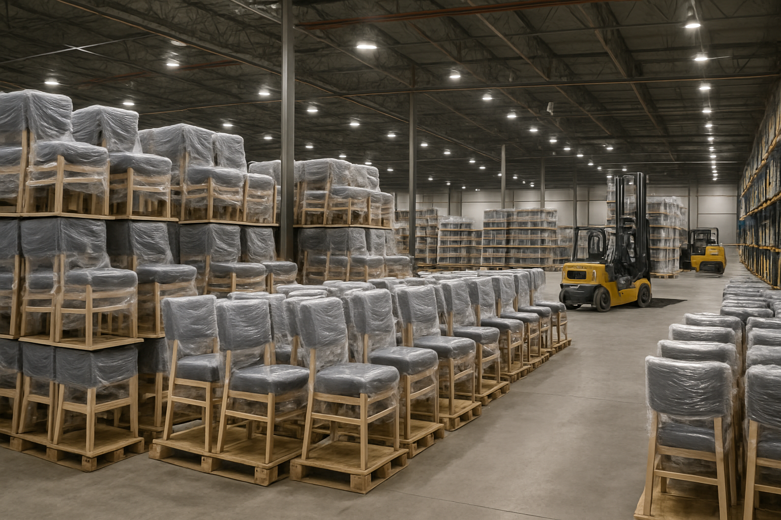 A warehouse filled with stacks of new commercial dining chairs ready for shipment