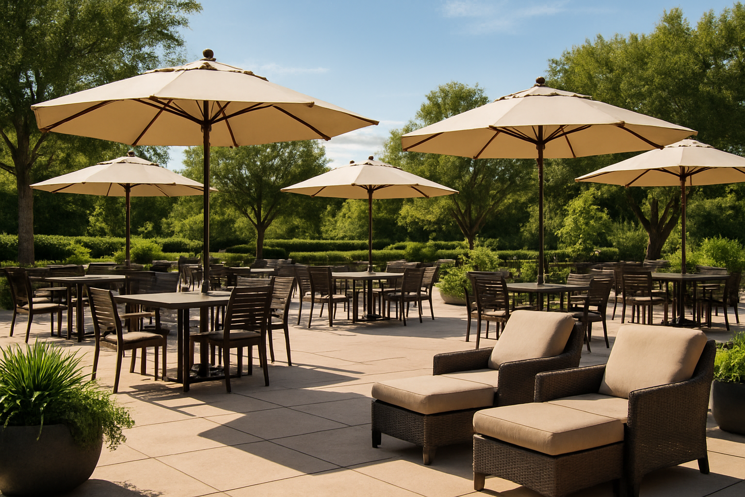 a complete patio scene with lounge chairs, umbrellas, and planters alongside dining sets