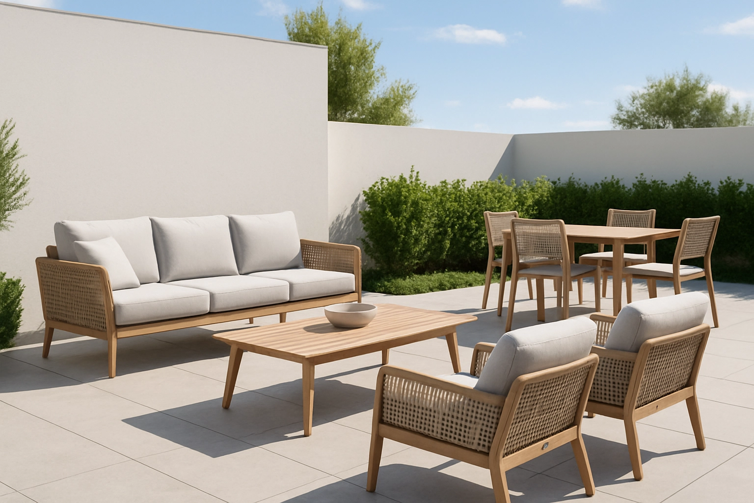 A beautifully coordinated outdoor furniture set featuring a sofa, chairs, and a dining table on a modern patio