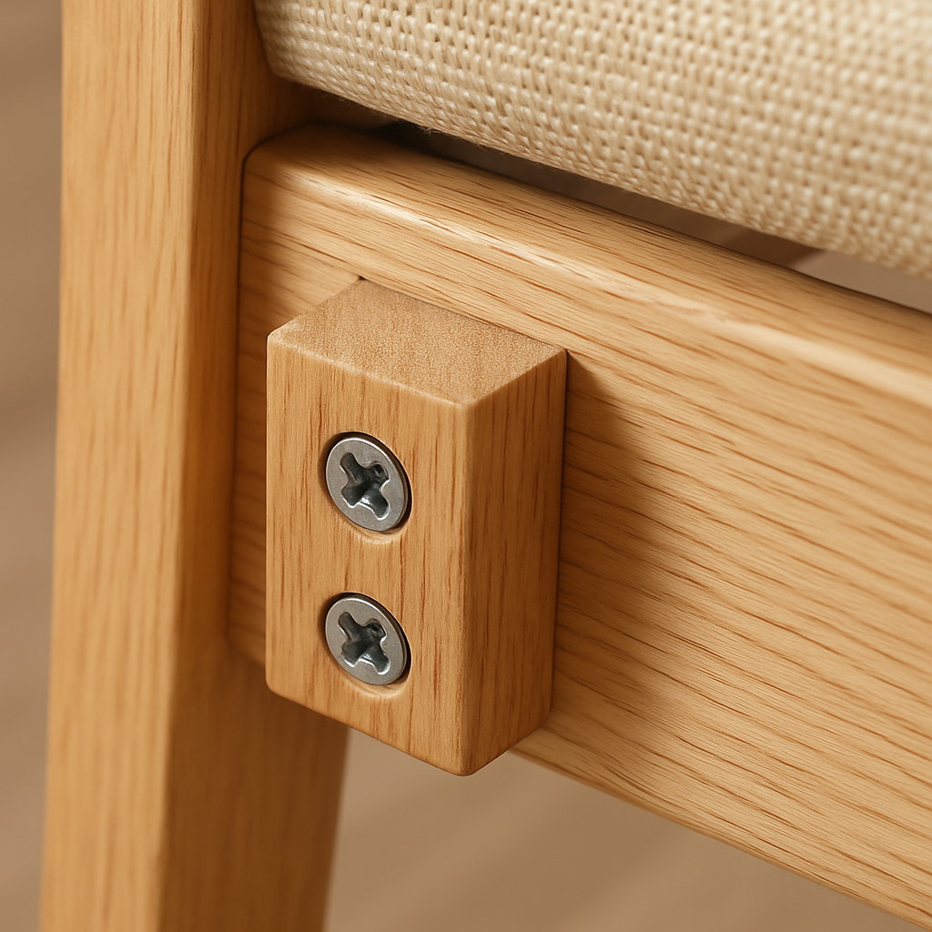 A close-up view of a chair's reinforced corner-blocked joint