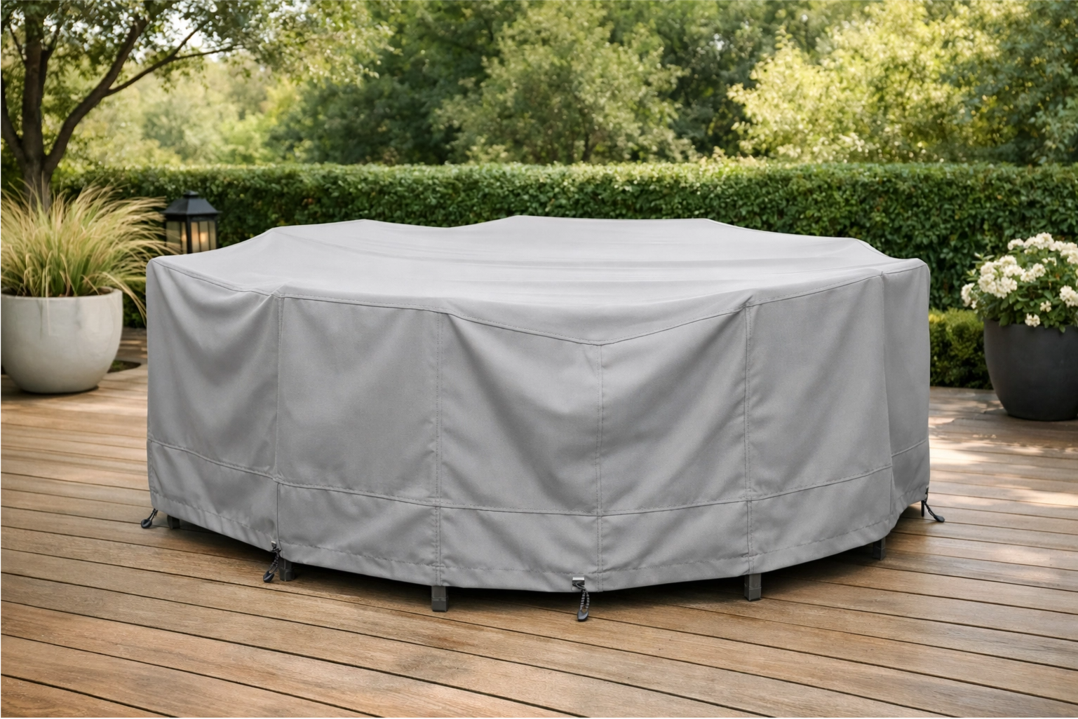 A patio set neatly covered with durable, breathable, waterproof furniture covers
