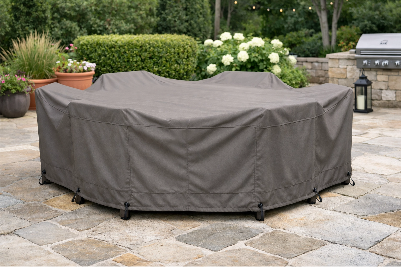 a patio set neatly covered with high-quality, breathable covers