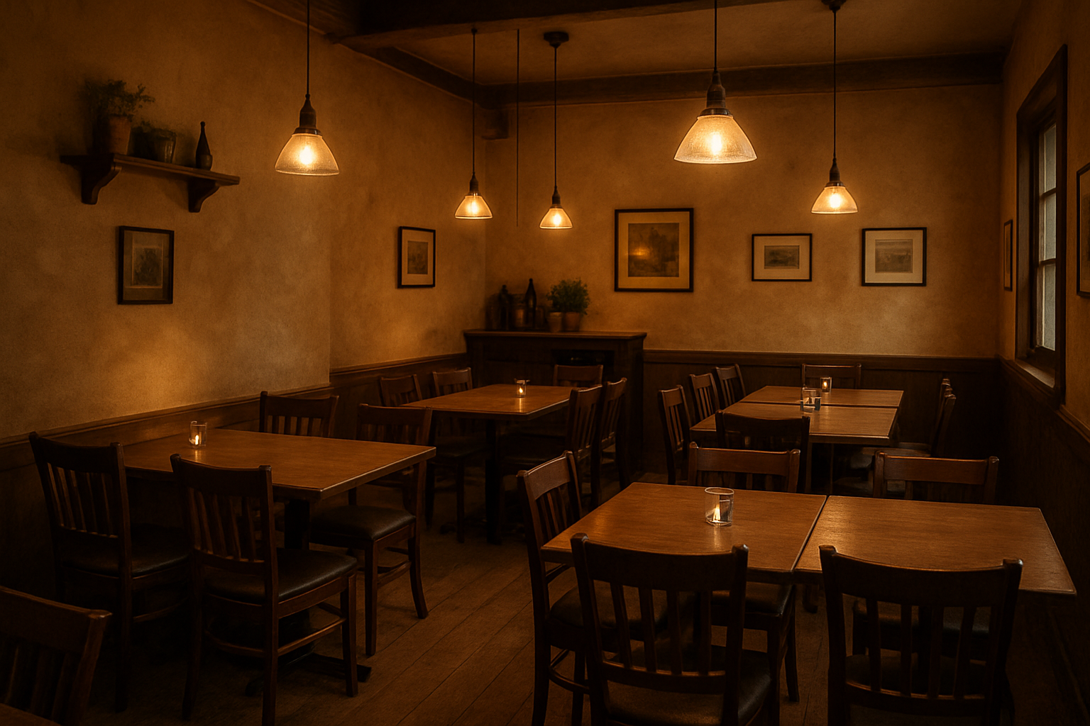 A cozy, small restaurant efficiently arranged with many square two-top tables, some separate and some pushed together