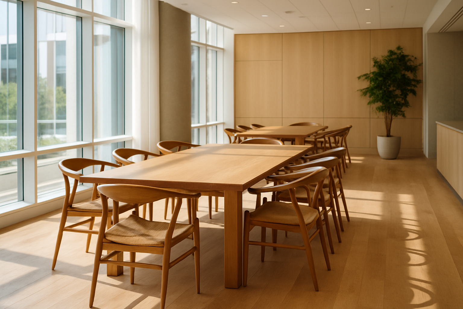 A beautifully lit dining room featuring a set of elegant Danish mid-century dining chairs around a wooden table