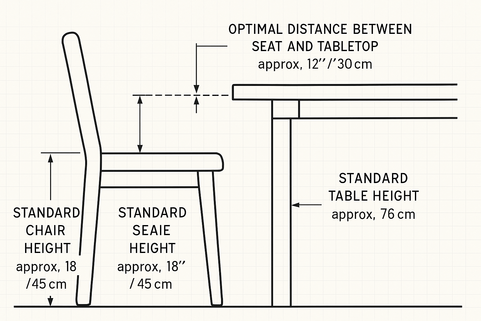 an ergonomic diagram showing the standard heights of a dining chair and table
