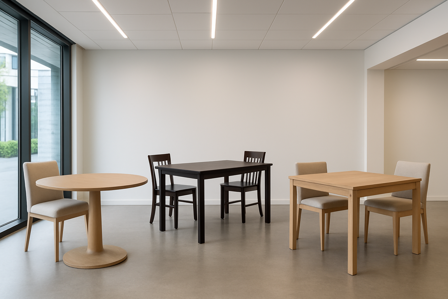 a showroom displaying various dining table types: round pedestal, rectangular four-leg, and square tables