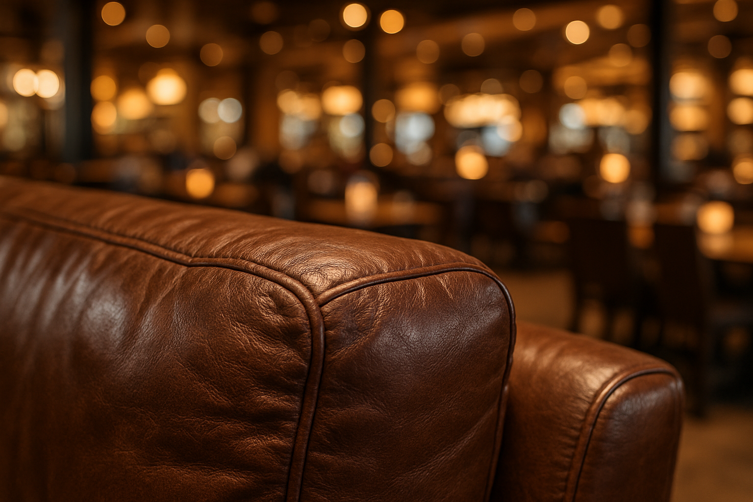 close-up of a durable, commercial-grade leather sofa in a busy restaurant lounge