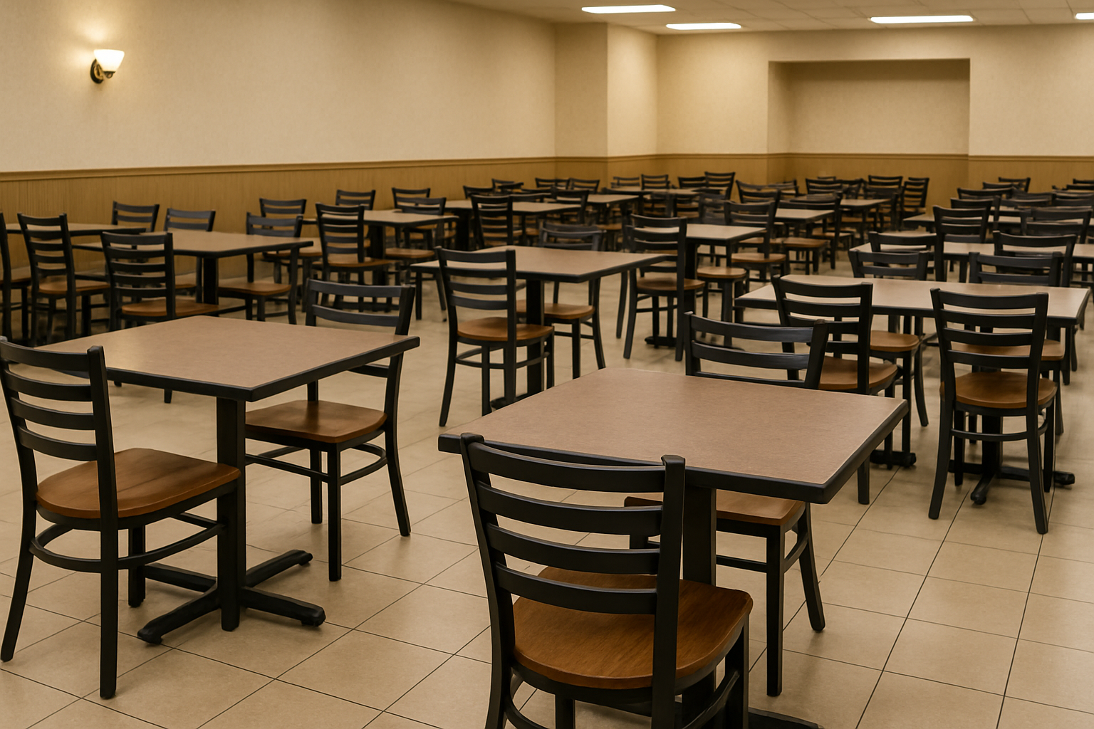 a busy restaurant filled with durable table and chair sets
