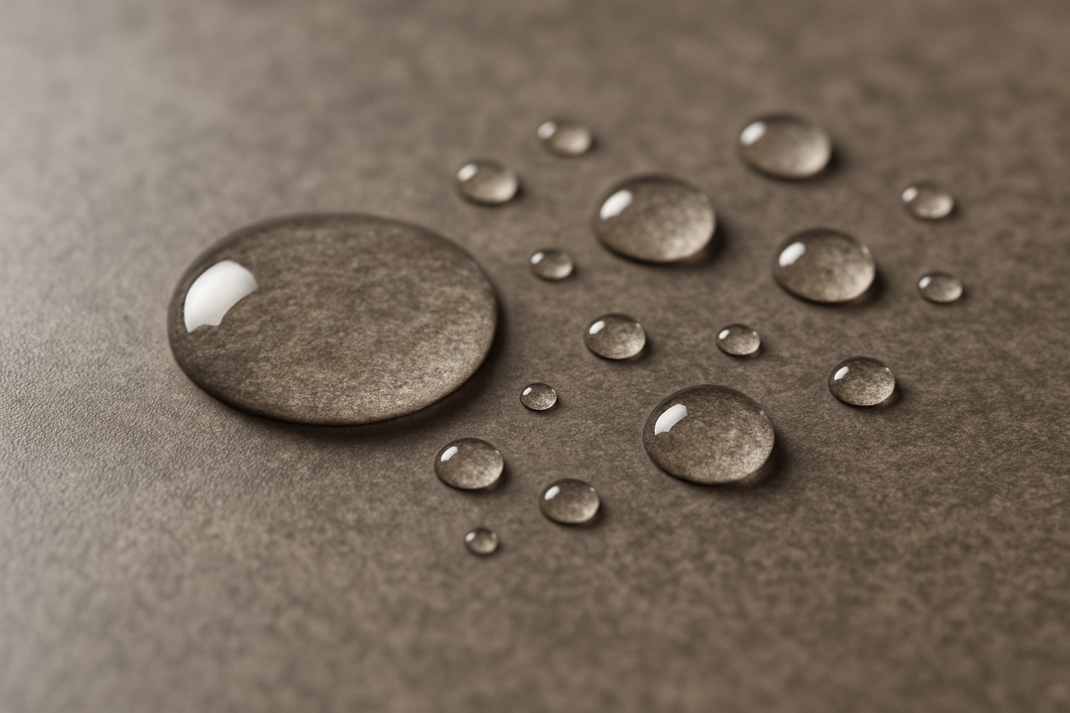 A close-up shot of a restaurant table surface showing its durable, non-porous finish resisting a water spill