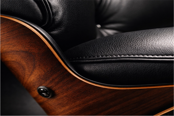 A close-up shot of the rich wood veneer and supple leather on an authentic Eames Lounge Chair