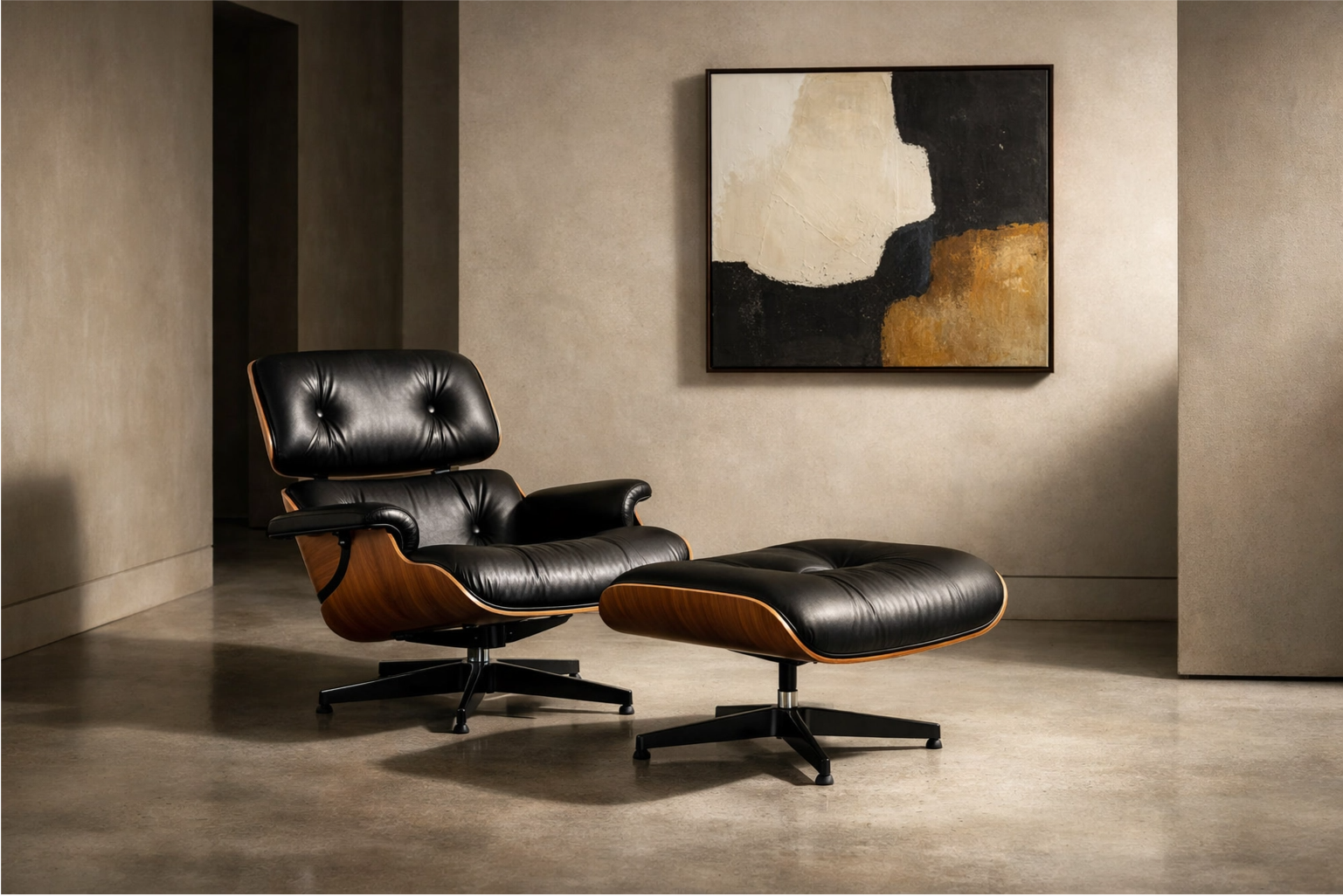A stylish antechamber showcasing the iconic and sculptural form of an Eames Lounge Chair