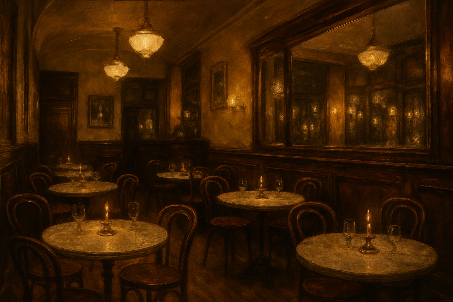 a depiction of an early Parisian restaurant with small, private marble-topped tables