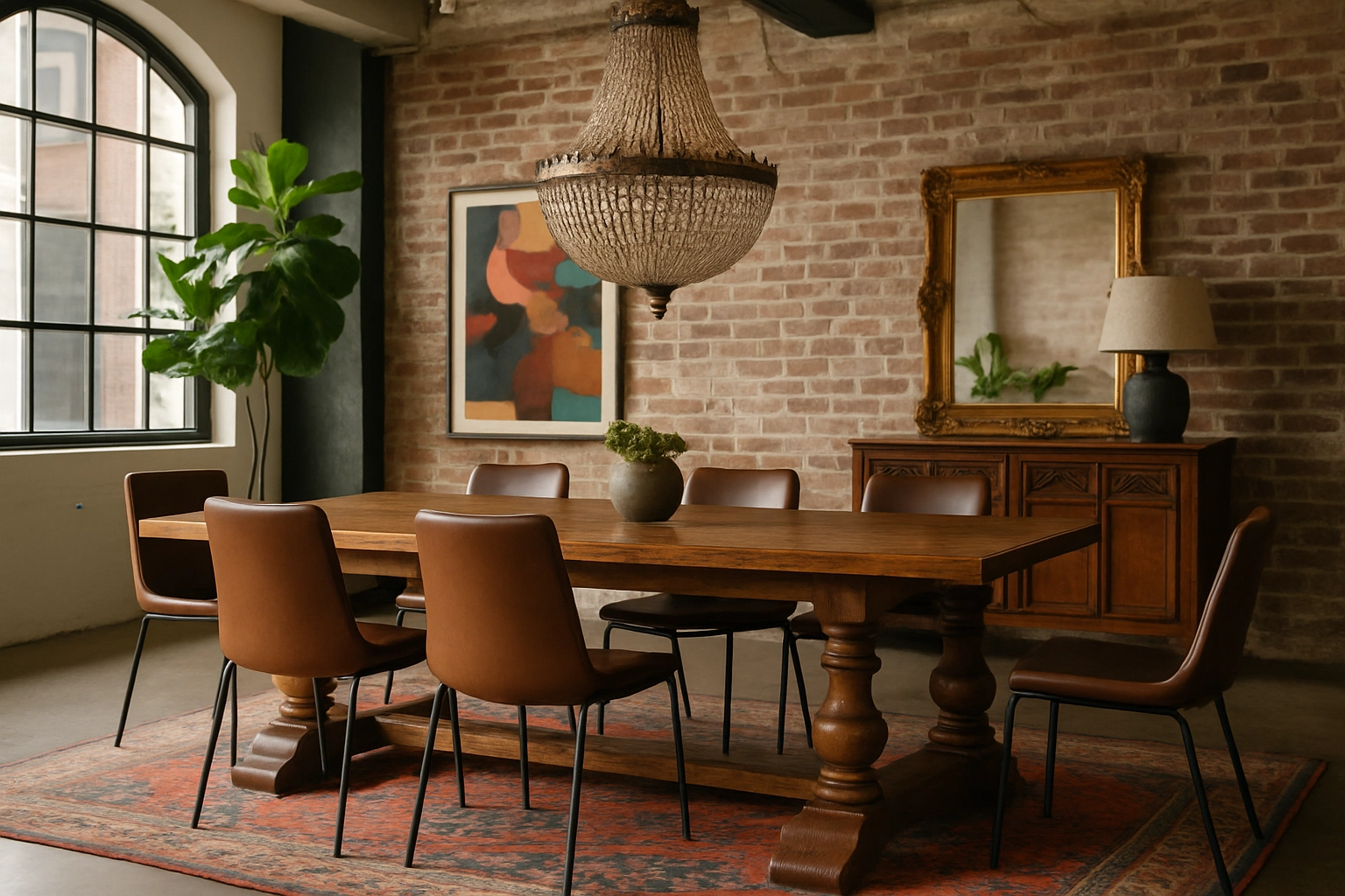 An eclectic dining room where modern leather chairs are beautifully paired with a traditional wooden table