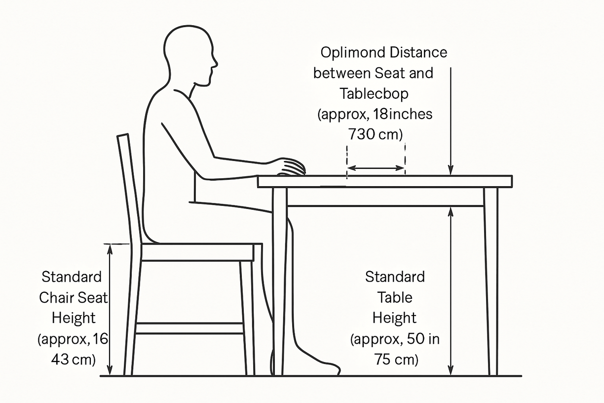 an illustration showing the ergonomic measurements of a standard dining table and chair set