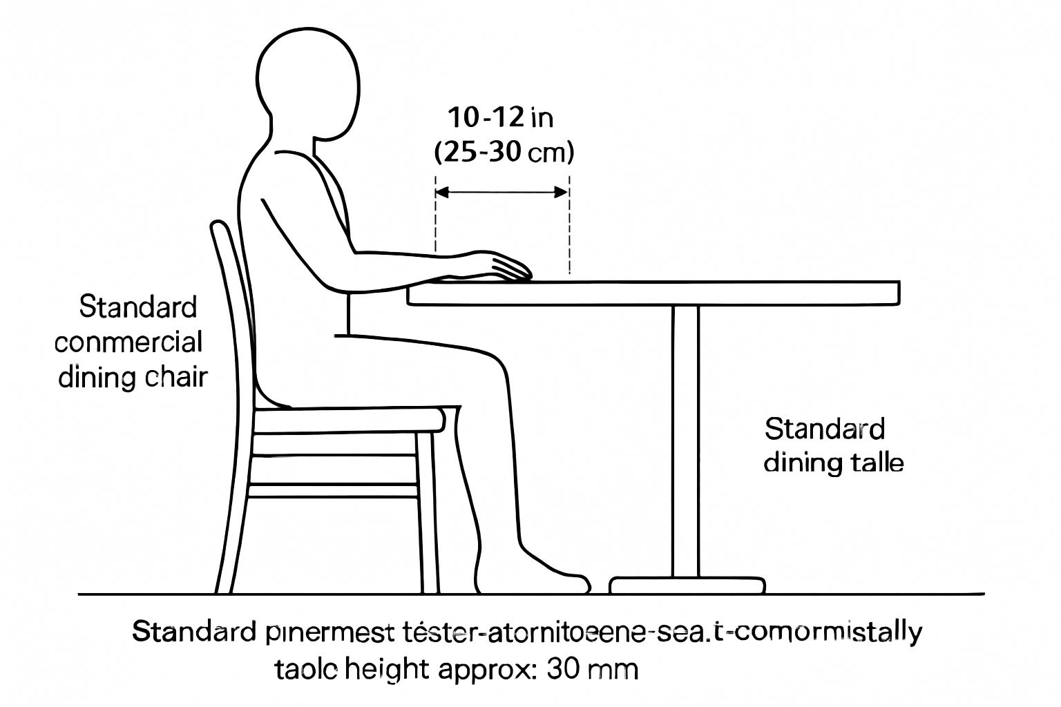 a diagram showing the ergonomic relationship between a person, a standard height dining chair, and a standard height dining table