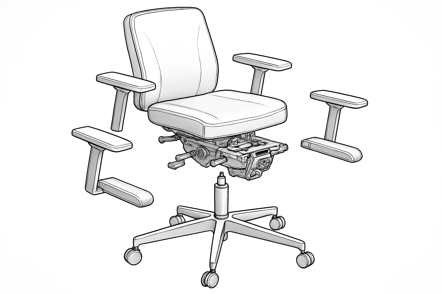 An exploded view of a high-end executive chair, showing all the intricate mechanical parts inside
