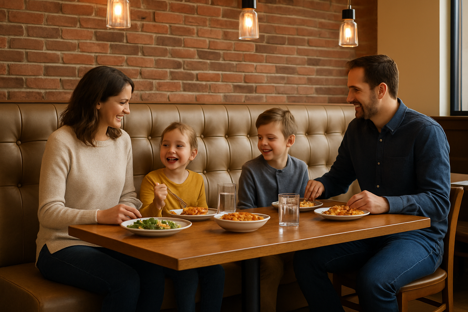 A family with kids sitting comfortably on a dining bench, showcasing its practicality and space-saving design