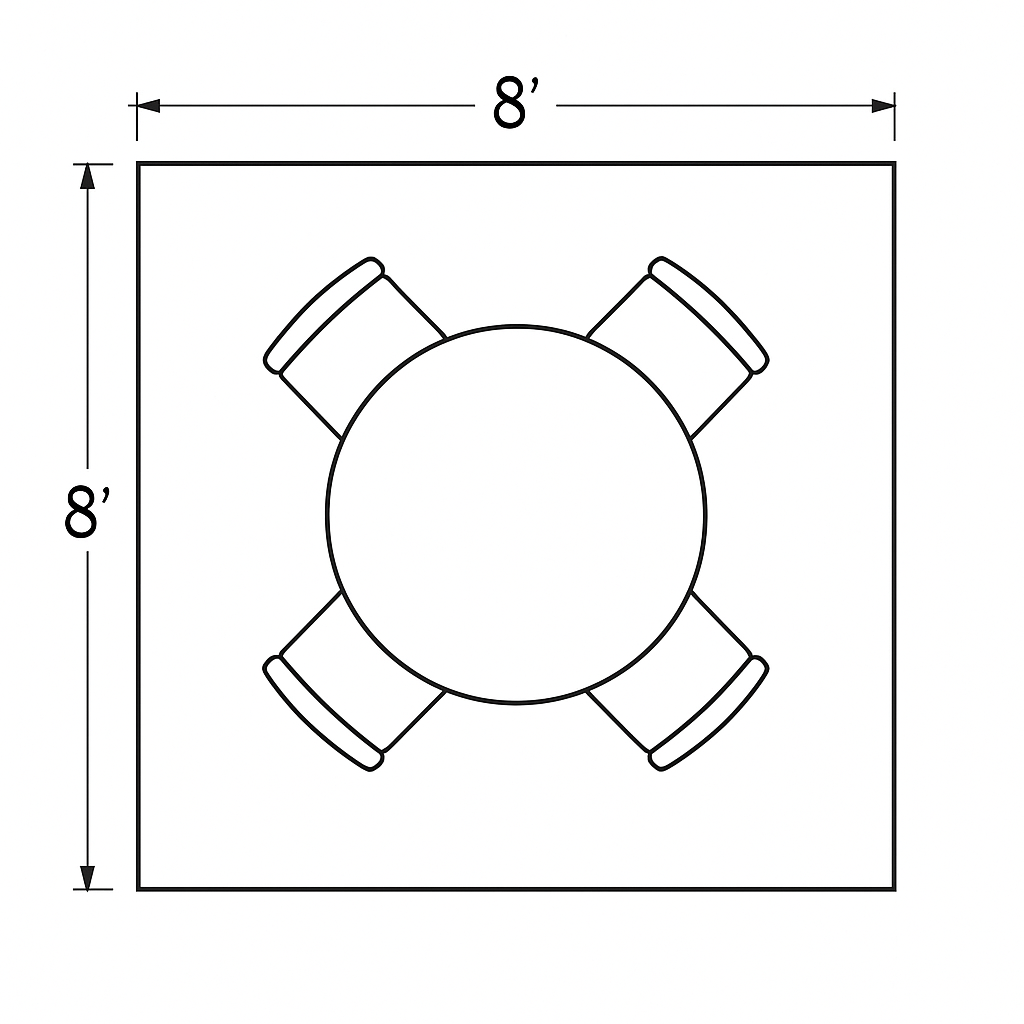 a floor plan diagram showing an 8x8 foot square space dedicated to a round table for 4