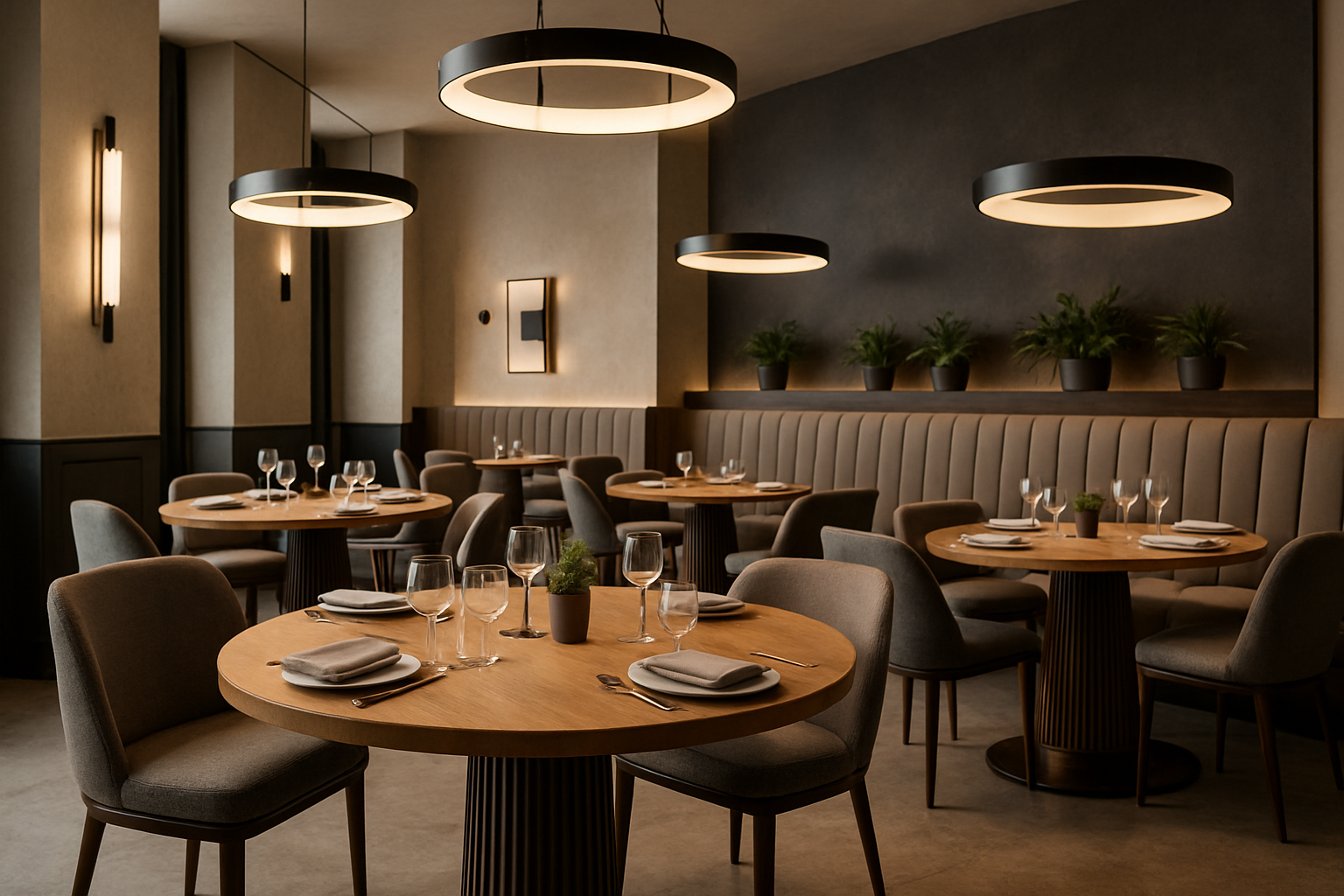 a stylish modern restaurant featuring dining tables with fluted pedestal bases and natural wood tops