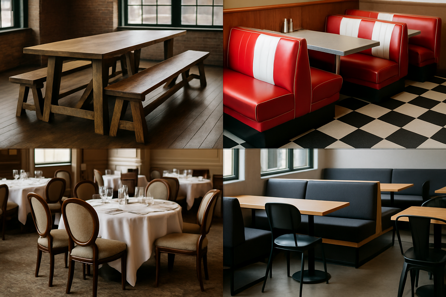 a collage of restaurant furniture styles from different eras, from rustic benches to modern booths