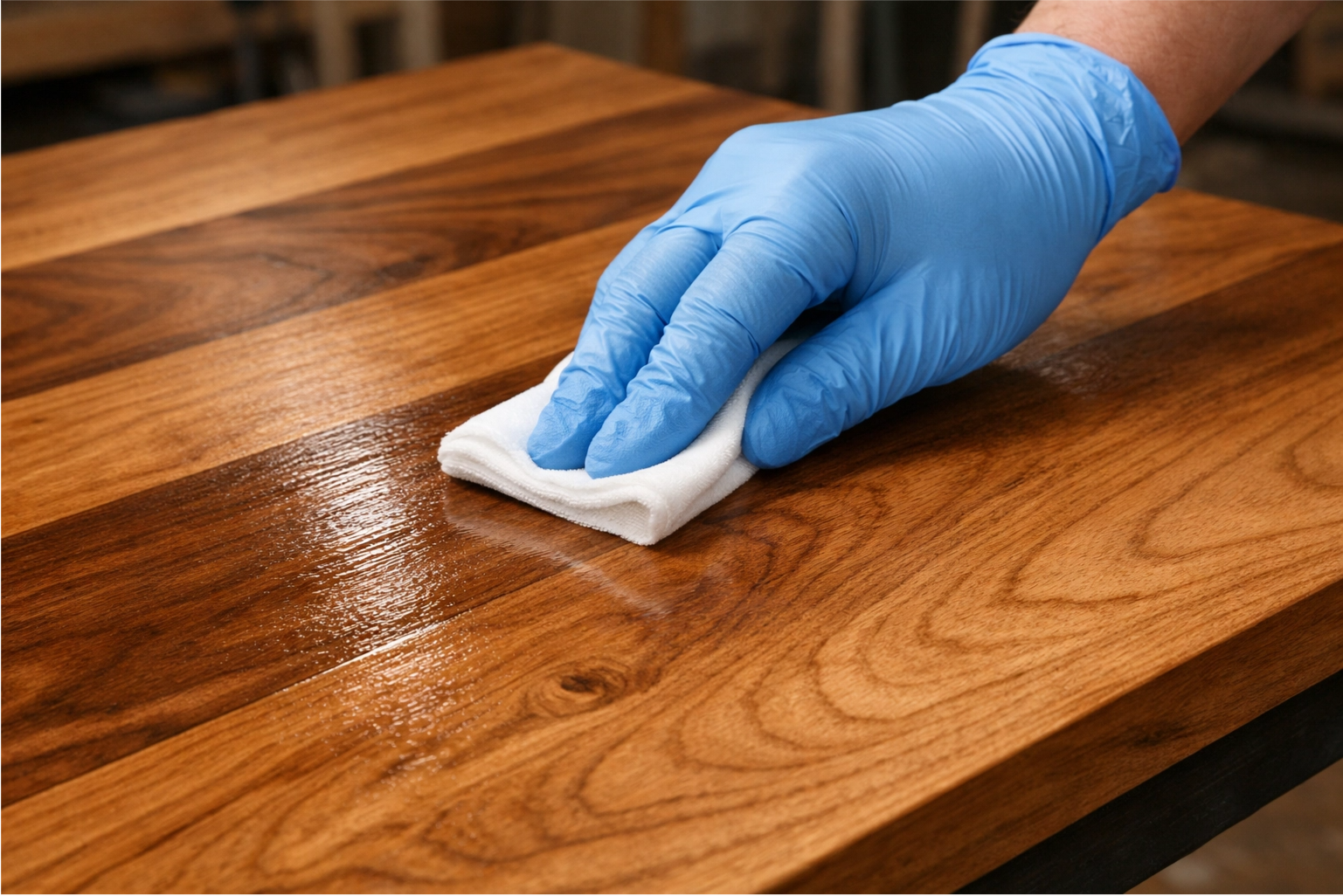 A hand in a glove wiping a clear protective sealer onto a freshly cleaned wooden tabletop