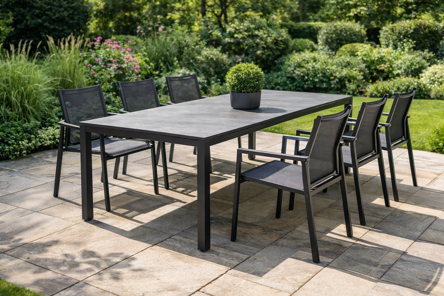 sleek all-weather dining set with HPL top and aluminum chairs in a garden setting