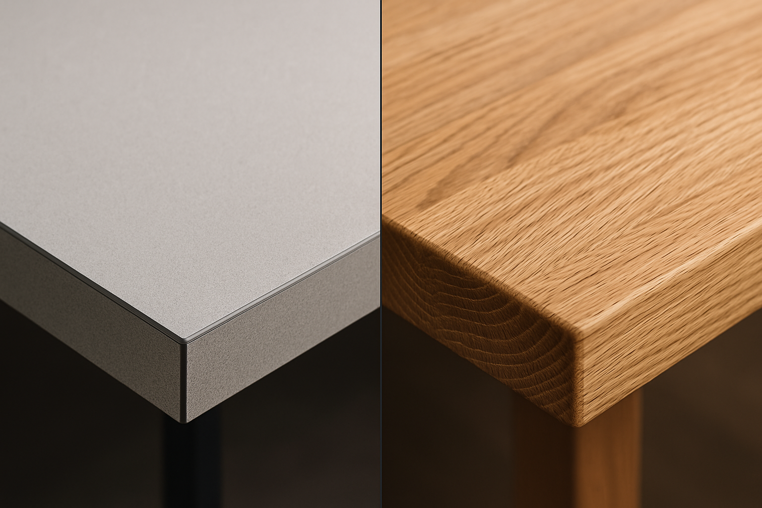 a close-up of a durable high-pressure laminate tabletop next to a solid oak tabletop