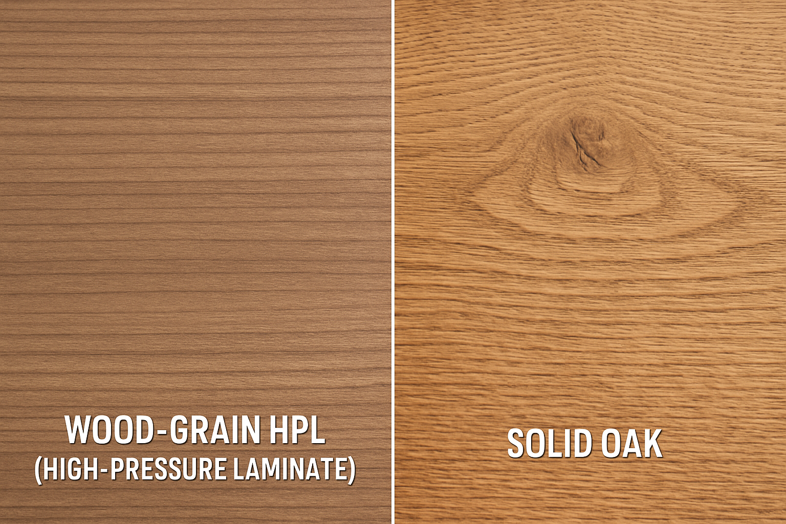 a side-by-side comparison of a wood-grain HPL tabletop and a solid oak tabletop