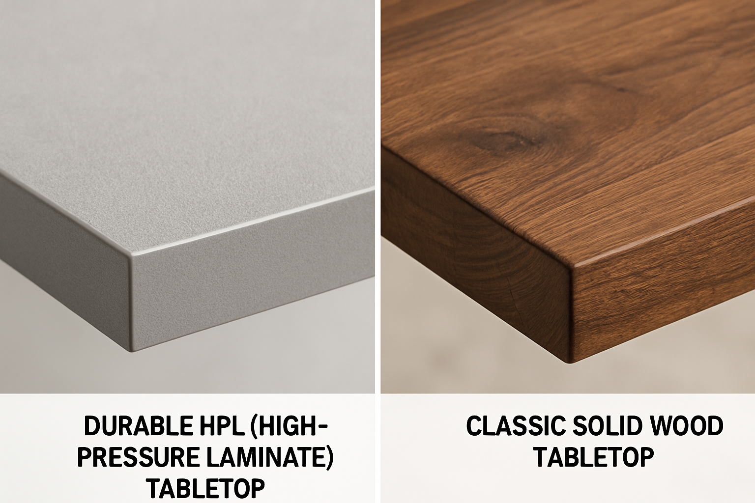 a side-by-side comparison of a durable HPL tabletop and a classic solid wood tabletop