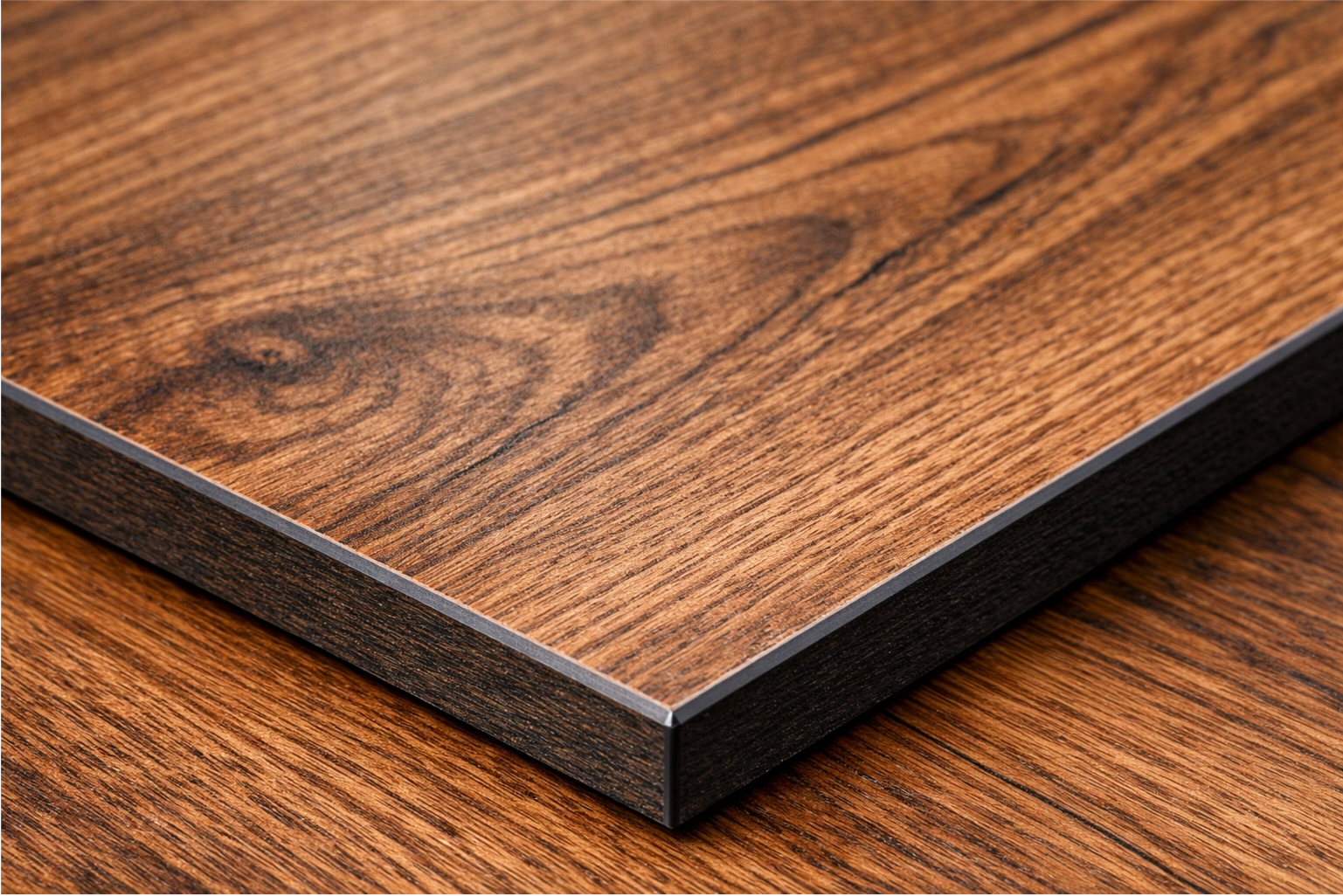 close-up of a sleek HPL tabletop with a wood grain finish