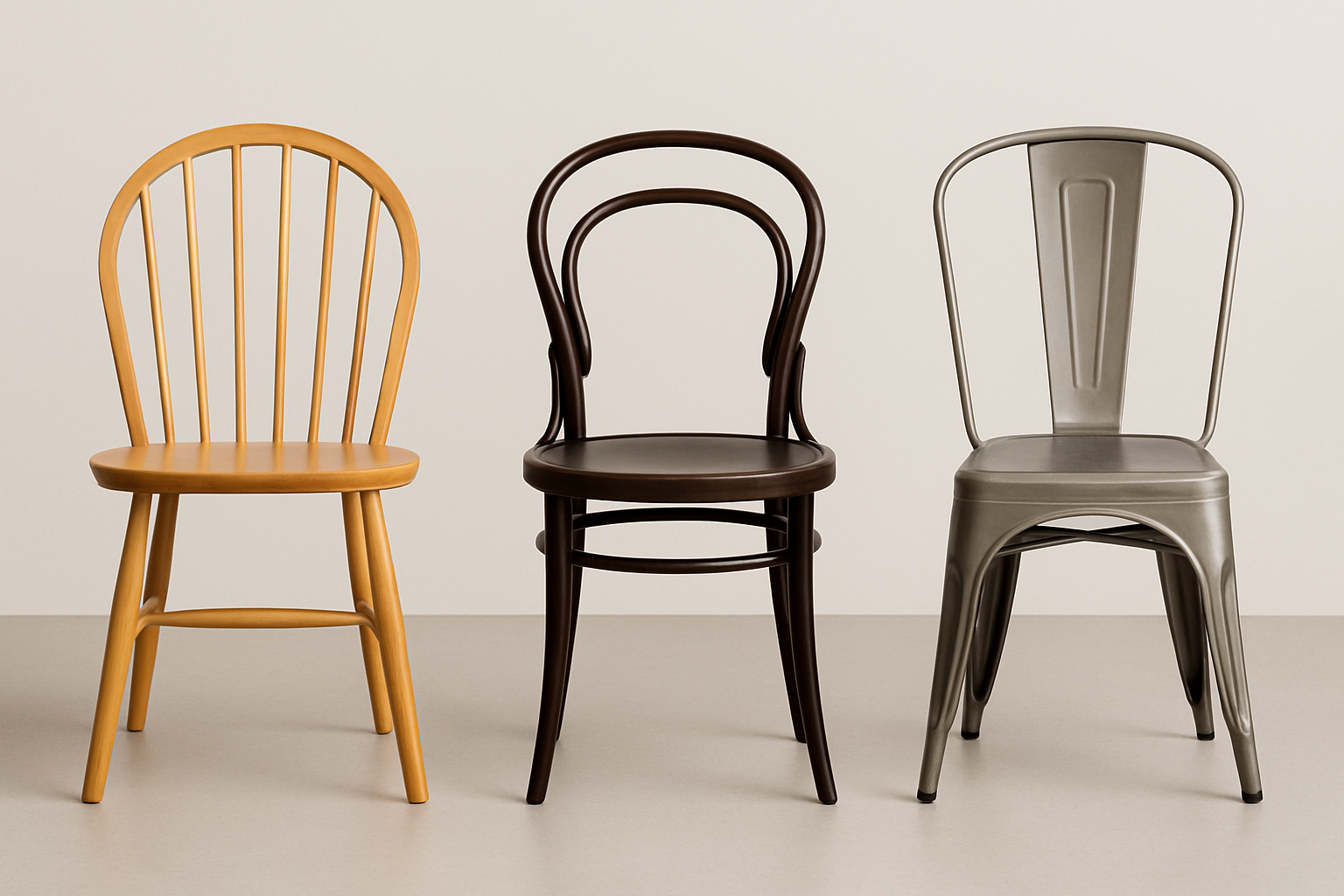a lineup of three iconic chairs: the Windsor, the Thonet No. 14, and the metal Tolix chair