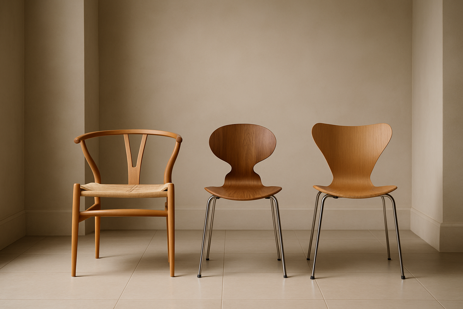 A display featuring three iconic Danish chairs: the Wishbone Chair, the Ant Chair, and the Series 7 Chair