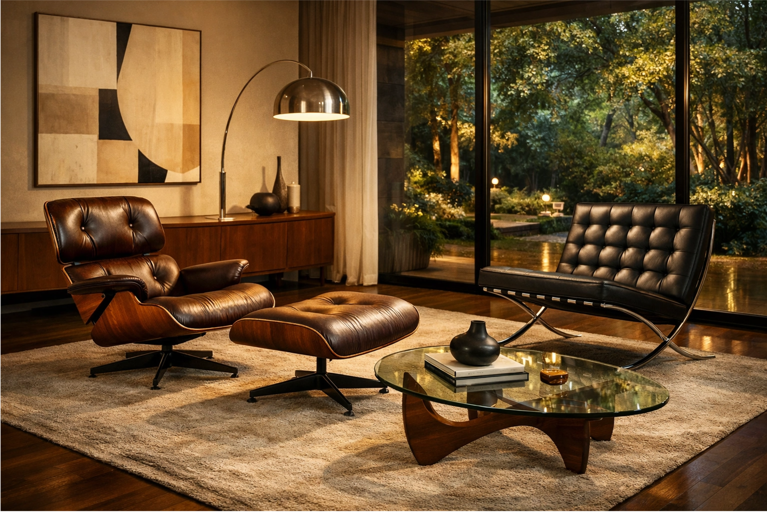A collection of iconic Mid-Century Modern chairs like the Eames Lounge Chair and Barcelona Chair in a stylish room