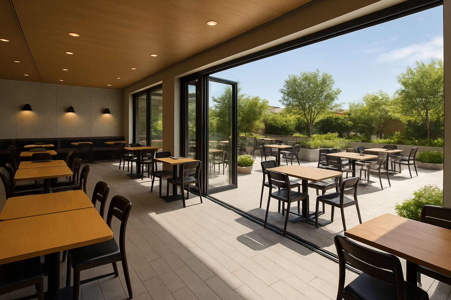 a seamless transition from an indoor restaurant dining area to an outdoor patio with matching furniture
