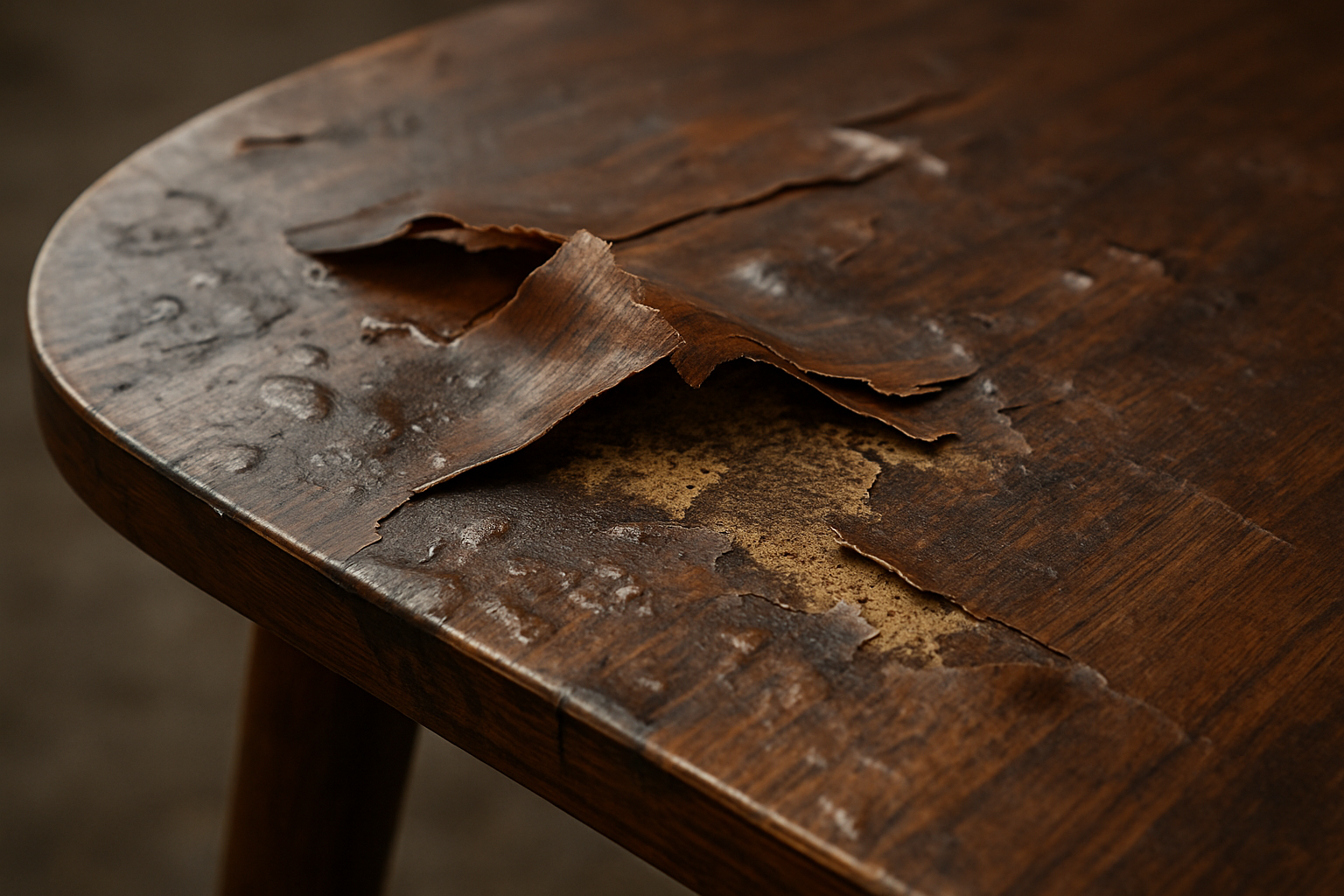 an indoor wood veneer table that is peeling and warping after being left outside