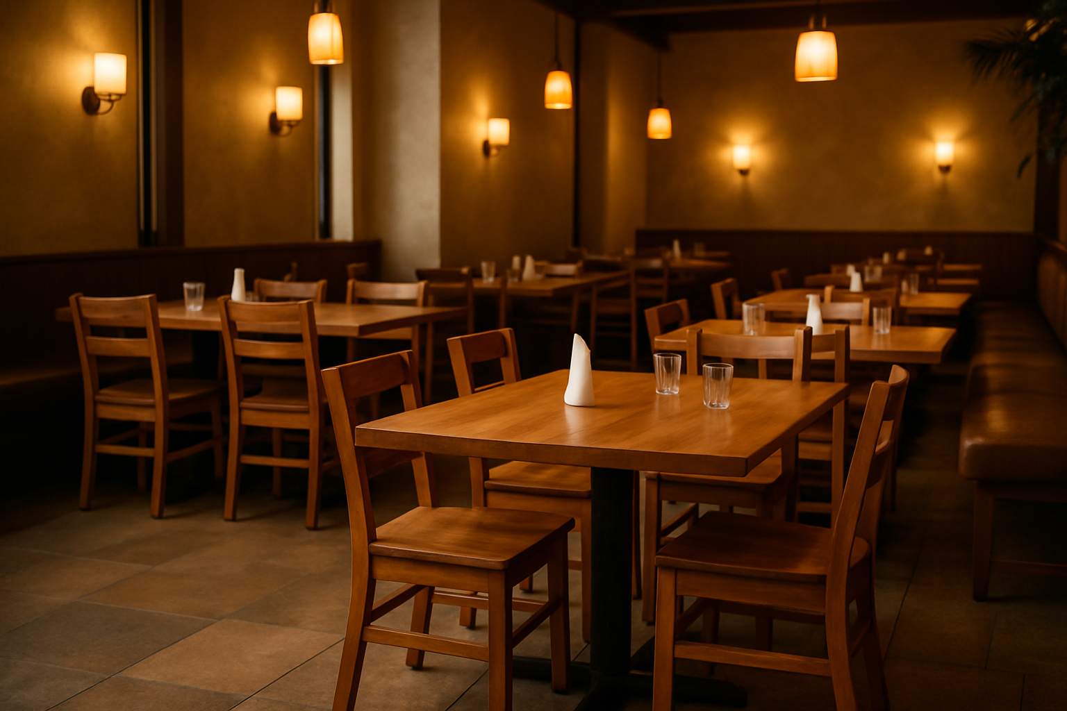 an inviting indoor restaurant space with matching wooden tables and chairs