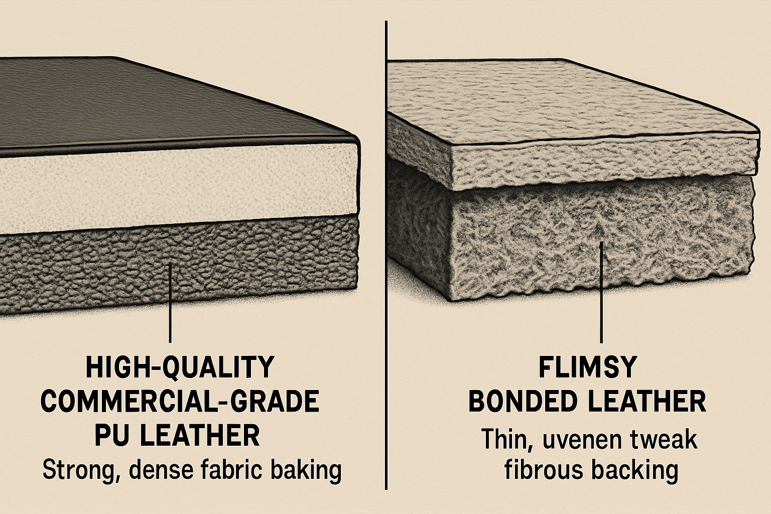 A side-by-side comparison showing the cross-section of a high-quality PU leather versus a flimsy bonded leather