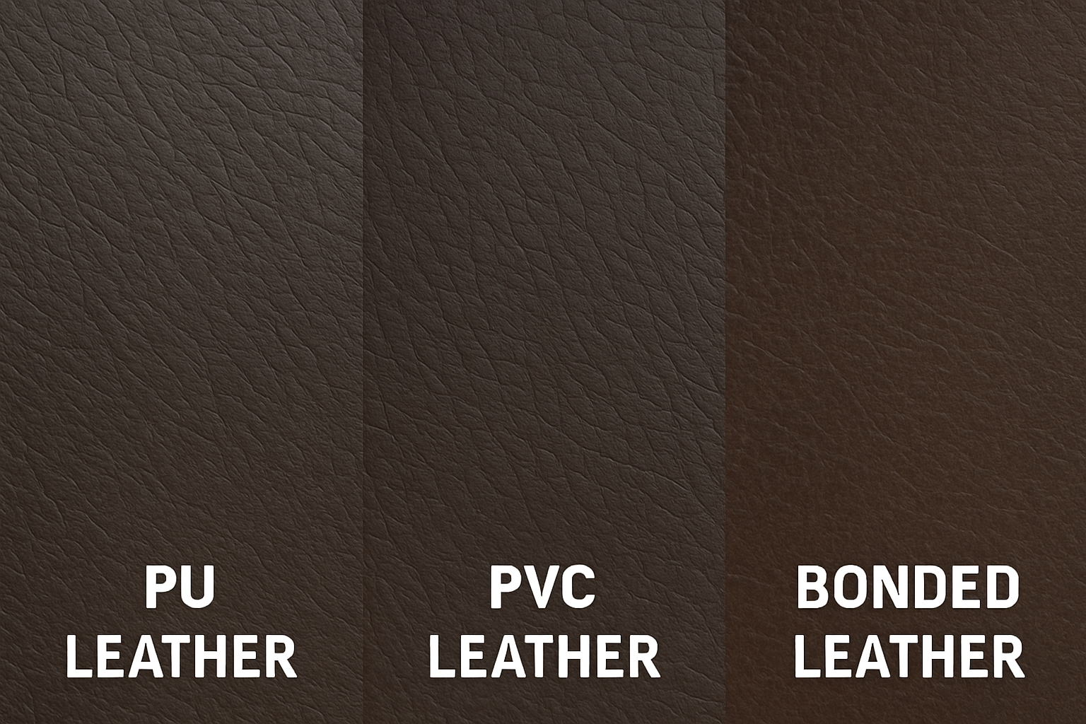 A swatch comparison showing the textures of PU, PVC, and bonded leather