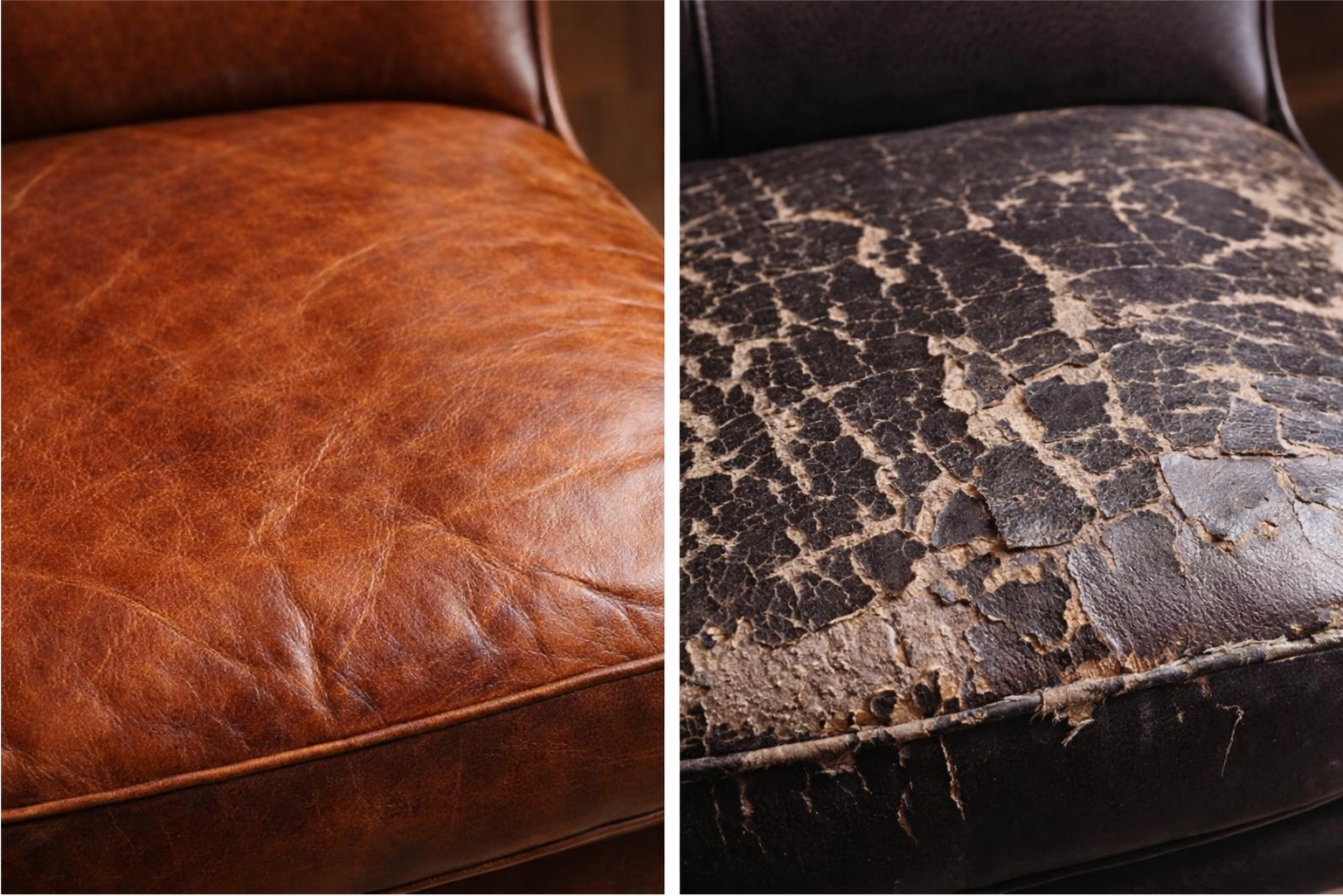 A side-by-side comparison image of a real leather chair aging gracefully next to a faux leather chair that is cracking and peeling