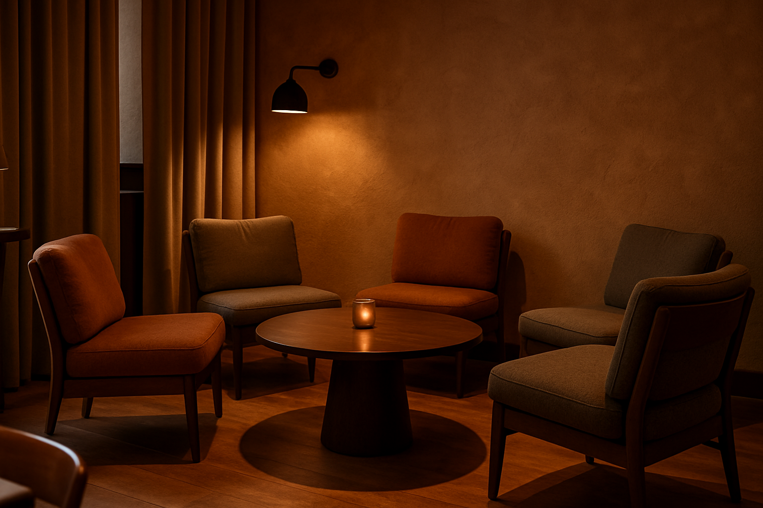 a cozy restaurant lounge corner where modified dining chairs are grouped around a low table