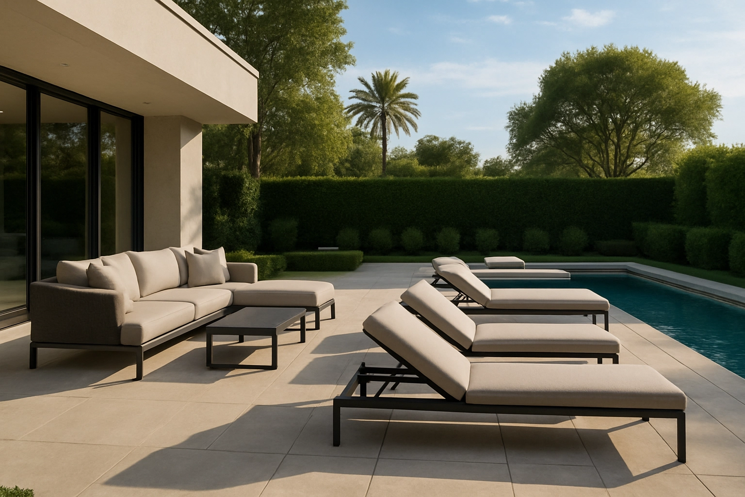 A luxurious outdoor living space with a sofa set, a fire pit, and separate chaise lounges by a pool