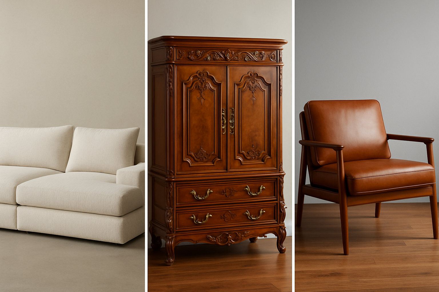 A collage of three distinct luxury furniture pieces: a minimalist sofa, a classic ornate cabinet, and a mid-century modern armchair