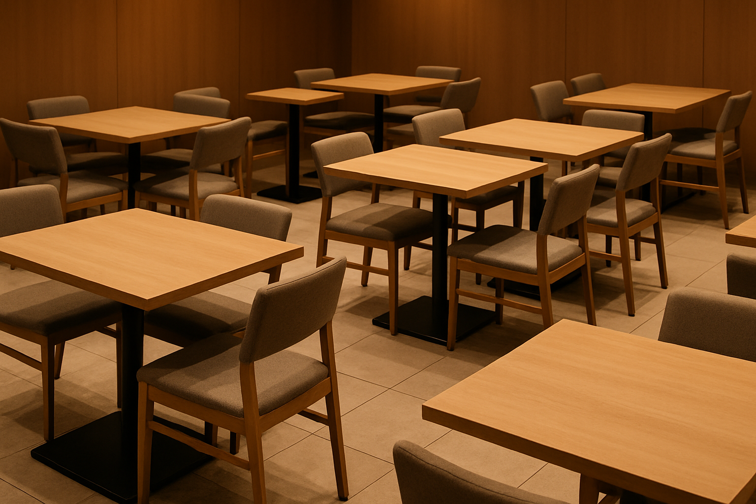 an array of matching commercial restaurant tables and chairs in a dining setting