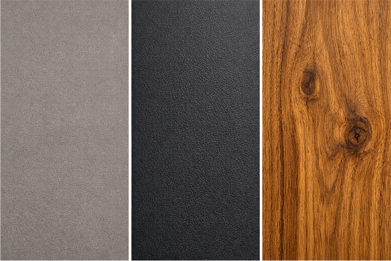 A material palette showing HPL, powder-coated aluminum, and teak wood textures
