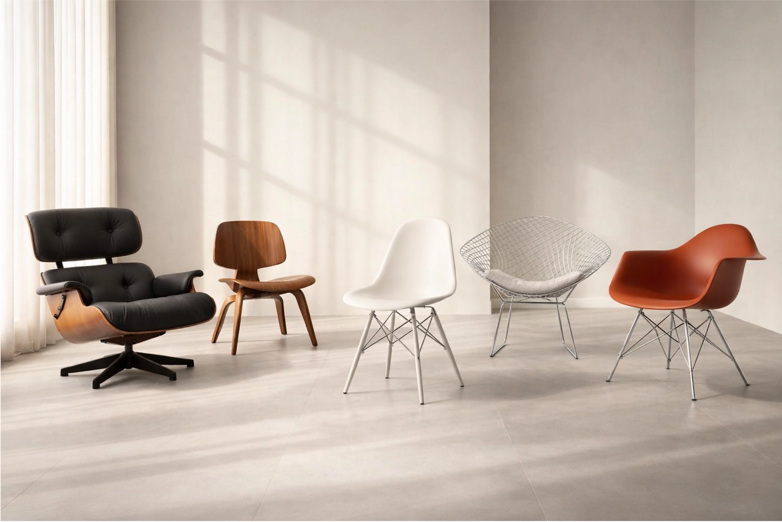 A collection of different MCM chairs showcasing various materials like wood, plastic, and metal